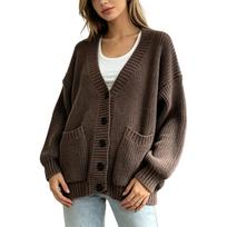 Women's V-Neck Knit Cardigan Sweater, Oversized Longline Coat with Pockets, Casual Fall Winter Outerwear XL kava