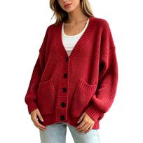 Women's V-Neck Knit Cardigan Sweater, Oversized Longline Coat with Pockets, Casual Fall Winter Outerwear XL raudona