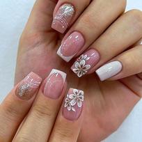 24pcs 3D Flower Press on Nails French Square False Nails Wearable Stick-on Nail Fake Nails Uñas Postizas brown