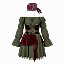 Off-Shoulder Pirate Dress Puff Sleeve with Belt Layered for Cosplay, Women M