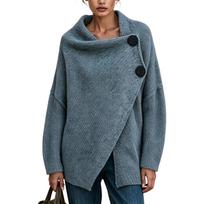 Women's Knit Cardigan Sweater with Big Buttons, Asymmetrical Front, High Collar and Loose Fit XXL mėlyna