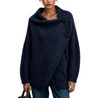 Women's Knit Cardigan Sweater with Big Buttons, Asymmetrical Front, High Collar and Loose Fit M tamsiai mėlyna