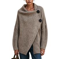 Women's Knit Cardigan Sweater with Big Buttons, Asymmetrical Front, High Collar and Loose Fit M chaki