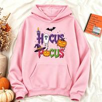 Vintage Hocus Pocus Halloween Hoodie Women Cute Ghost Pumpkin Print Sweatshirt Witchy Fall Outfit Aesthetic Graphic Pullover XL pink