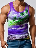 Men's Tropical Palm Tree Moon Beach Graphic Tank Top, Gradient Sleeveless S
