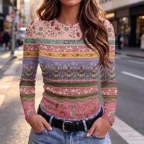 Women's Slim Fit Floral Long Sleeve Round Neck T-Shirt for Casual and Everyday Wear XXXL raudona