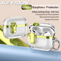 KEYSION Plating Transparent Earphone Case for AirPods Pro 3 TPU+PC Shockproof Phone Stand Hook Headphone Cover for AirPods Pro 3 for AirPods Pro 3 žalia