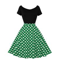 Women's Crewneck, Short Sleeve Stitching, Contrasting Vintage Polka Dot Dress, Oversized Skirt XXL žalia