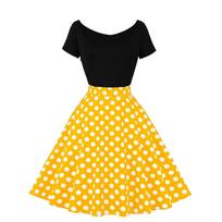 Women's Crewneck, Short Sleeve Stitching, Contrasting Vintage Polka Dot Dress, Oversized Skirt XL geltona