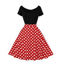 Women's Crewneck, Short Sleeve Stitching, Contrasting Vintage Polka Dot Dress, Oversized Skirt XL raudona