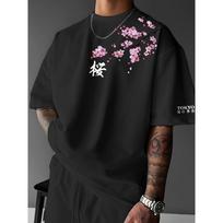 Vyšnių žiedų rašto japoniško stiliaus marškinėliai vyrams ir moterims, vasariniai medvilniniai drabužiai, apvalia iškirpte, trumpomis rankovėmis T-shirt S black