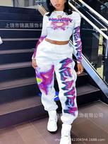 Trendy Spice Girl short waist top high waist drawstring sweatpants set, contrasting color inkjet printing casual two-piece set 2XL gray