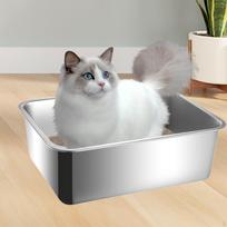 Cat Litter Box for Domestic Cats, Stainless Steel Sandbox, Open Top, Easy to Clean, High Side Walls, Height 10cm gray