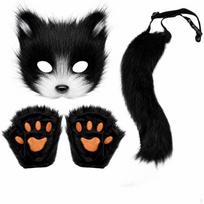 Lapės Kaukė su Uodega ir Pirštinėmis Minkštas Kostiumų Rinkinys Reguliuojamas Suaugusiems Black White_3-piece SET black