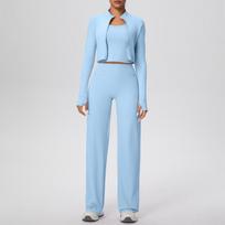 Bare-Feel 3-Piece Yoga Set: Backless Vest, High-Waisted Wide-Leg Pants, Tight Zip Long-Sleeve Jacket. Small