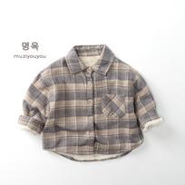 Kids Plaid Thick Fleece Lined Shirt Unisex Boys Girls Warm Outerwear Top 90cm žalia