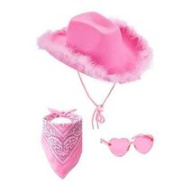 3 vnt./rinkinys Kaubojo skrybėlės rinkinys Moterims Rožinė Vakarų veltinė Kaubojės skrybėlė su bandana Akiniai Aksesuarai Galvos apdangalai G pink