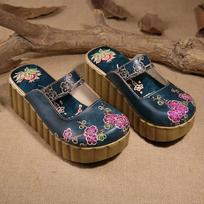 Fashion GKTINOO 2025 Summer Shoes Women Wedge Slides Cover Toes Handmade Flower Thick Heels Genuine Leather Lady Platform Slippers 6 black