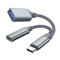 USB C OTG Cable Phone Adapter 2 In 1 Type C Male To USB C Female Charging Port With USB Female Splitter Adapter pilka spalva