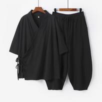 Didelio dydžio S-9XL Vyriškas japoniškas kimono kardiganas kelnių rinkinys Medvilnės lino samurajų kostiumas Harajuku laisvas švarkas kostiumas 7XL juoda