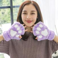 Winter Gloves Women Bear Plush Cat Paw Claw Gloves Cute Kitten Fingerless Mittens Christmas Halloween for Girls Gift Gloves One Size