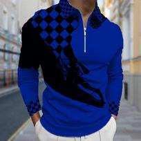 Vyriški marškinėliai polo ilgomis rankovėmis Juoda ir balta šachmatų lentos rašto Nauji vyriški marškinėliai polo ilgomis rankovėmis su užtrauktuku T-shirt Viršus 4XL mėlyna
