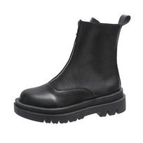 Moteriški batai su nuolaida Priekinis užtrauktukas Moteriški batai apvaliu pirštu Vienspalviai ankle boots Platforma vidutinis kulnas Atsparūs vandeniui Madingi batai 40 juoda