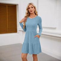 Women's Knee Length Sweater Dress Long Sleeve Round Neck with Pockets Casual Winter M mėlyna