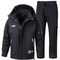 Vyriškas žieminis Softshell vandeniui atsparus terminis kostiumas lauko žygiams didesnio dydžio komplektas šilta striukė + šiltos kelnės, 2 dalių rinkinys L black