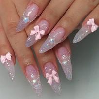 24Pcs Almond Press on Fake Nails Long French False Nails with Pink Bow Wearable Flower Design Oval Manicure Full Cover Nail Tips
