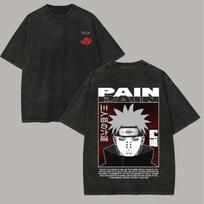Pain T Shirt Naruto Men Acid Wash Back Print Akatsuki Leader Anime Graphic Cotton Streetwear Rinnegan Vintage Bootleg Tee L black