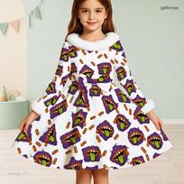 Girls High Neck Long Sleeve Christmas Printed Tie Waist A Line Flared Dress 100