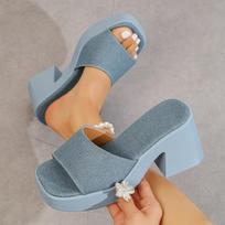 Women's Summer Chunky-Heel High-Heel Slide Sandals With Bow And Ankle Strap, Thick-Soled Dressy Outdoor Footwear. 38 mėlyna