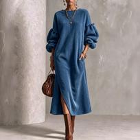 Women's Casual Corduroy Dress with Round Neck, Puff Sleeves and Slit for Everyday Wear XXL tamsiai mėlyna spalva