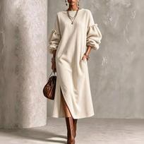 Women's Casual Corduroy Dress with Round Neck, Puff Sleeves and Slit for Everyday Wear S smėlis