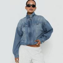 Vintage American Washed Denim Stand Collar Loose Long Sleeve Women Jacket L mėlyna