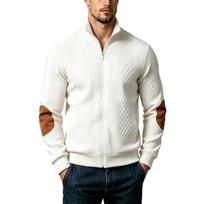 Men's Knit Full Zip Cardigan Jacket with Stand Collar and Elbow Patches for Fall Winter M balta