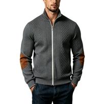 Men's Knit Full Zip Cardigan Jacket with Stand Collar and Elbow Patches for Fall Winter XL black