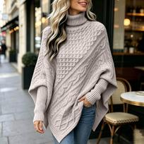 Women's Cable Knit Sleeve Sweater High Neck Cape Knit Pullover Top XL chaki