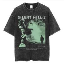 Horror Silent Hill 2 Vintage Washed T-shirt Men Harajuku Short Sleeve Hip Hop Graphic Tees Streetwear Y2K Clothes8 XL gray