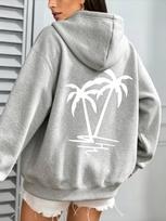 Women Loose Hoodie Sweatshirt White Coconut Palm Tree Island Back Graphic Print Soft Warm Beach Daily Street Casual Women Hoodie XL gray
