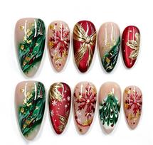 Short Almond Christmas Press On Nails 30pcs, Golden Foil Snowflake Christmas Tree Design French Fake Nails, Reusable Wearable Nail Art for Xmas black