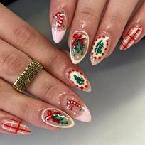 Short Almond Christmas Press On Nails 30pcs, Golden Foil Snowflake Christmas Tree Design French Fake Nails, Reusable Wearable Nail Art for Xmas