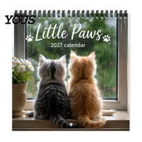 Yearly Schedule Planner 2027 Cute Cat Wall Calendar, Little Paws Hanging Planner, Spiral Decorative Art Bound Calendar for Lovers, Home Office A gray