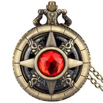 Exquisite Emerald-green Stone Bronze Case Quartz Pocket Watch Simple White Dial Chain Clock Necklace Pendant Watch for Men Women beige