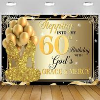 Gold Happy 60th Birthday Banner Backdrop for Women 7x5Ft 59x51.1inch/150*130cm