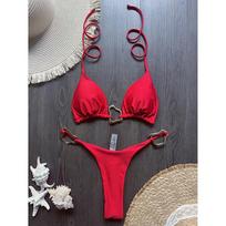 Shiny Metal Ring Halter Mini Thong Bikini Women Swimwear Two-Pieces Bikini Set Female Swimsuit Bather Bathing Suit Swim M raudona