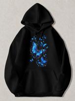 Black Pullover Hoodie with Vibrant Blue Butterfly Graphic Print Glowing Sparkle Design Casual Long Sleeve Sweatshirt with Kangaroo M