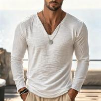 Men's Lightweight Textured Long Sleeve V-Neck T-Shirt with Frayed Raw Edges - Casual Slim Fit Top for Summer Vacation and Streetwear XXL gray