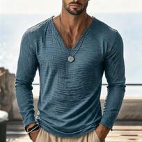 Men's Lightweight Textured Long Sleeve V-Neck T-Shirt with Frayed Raw Edges - Casual Slim Fit Top for Summer Vacation and Streetwear XXL gray